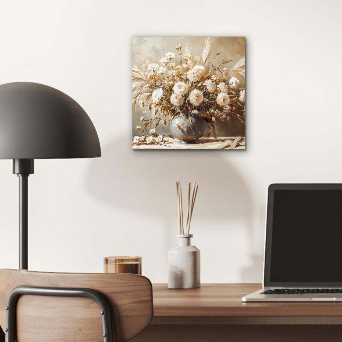 METALLBILD Blumen - Vase - Stilleben - Beige 20x20 cm - Creme, Metall (20/20cm) - MuchoWow