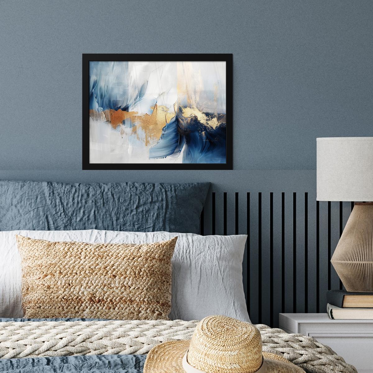 POSTER MIT RAHMENGERAHMTES BILD Gold - Blau - Aquarell - Kunst - Modern 40x30 cm - Hellblau, Papier (40/30cm) - MuchoWow