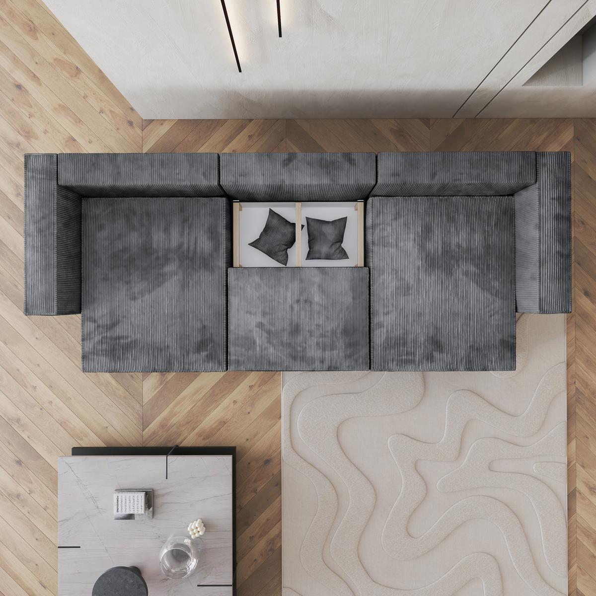 WOHNLANDSCHAFT SARMO P Grau Kordstoff mit Schlaffunktion - Grau, Holz/Kunststoff (347/70/148cm) - MASSENO
