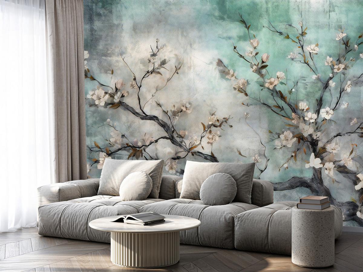 FOTOTAPETE für Schlafzimmer Abstrakte Kirschblüten Beton Pflanzen 150x105 - Beige/Braun, Papier (150/105cm) - Muralo