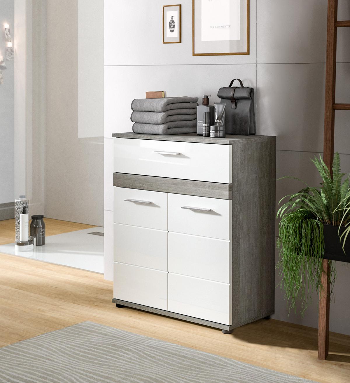 BADKOMMODE weiß Hochglanz, grau 71 cm, Badschrank mit Rillenoptik - Chromfarben/Weiß Hochglanz, Holzwerkstoff/Kunststoff (71/79/31cm) - Inn.Furn