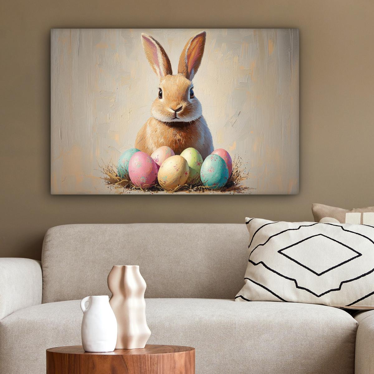 LEINWANDBILD Osterhase - Pastell - Eier Wanddeko 90x60 cm - Beige, Textil (90/60cm) - MuchoWow