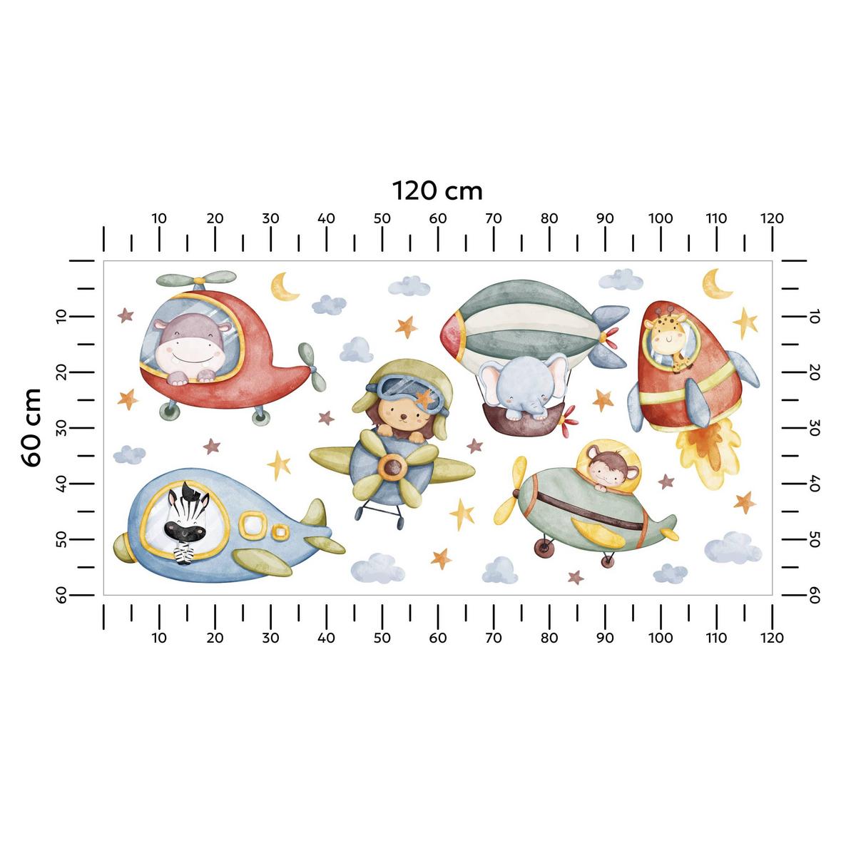 STICKER SET für Kinder Wilde Tiere Sterne Monde Wolken 120x60 - Gelb/Rot, Papier (120/60/1cm) - Muralo