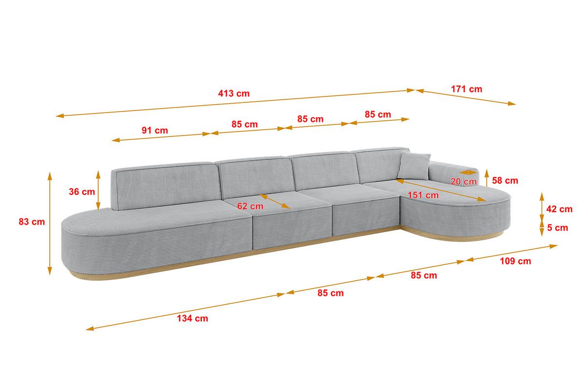 ECKSOFA Ottomane Rechts MARI-L3-v2 - 413x171x83 cm Grau Cord - Grau, Holzwerkstoff/Textil (171/413cm) - ALTDECOR