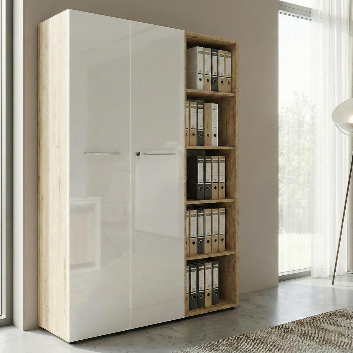 BÜRO-SET MUENCHEN 2-teilig | Schrank & Regal 5 OH | Glas Front & Abschließbar | Chalet-Eiche-Nb./Weiß - Weiß/Braun, Holzwerkstoff/Metall (145/196/37cm) - KADIMA DESIGN