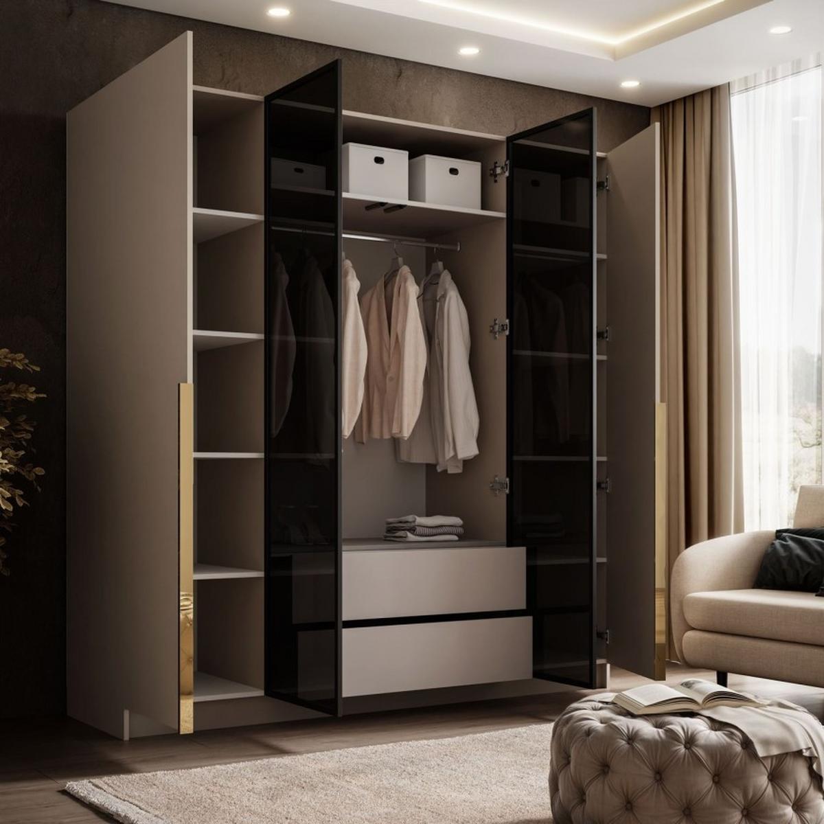 VIERTÜRIGER Schrank ATRIUM mit Glasfront - Kaschmir, Holzwerkstoff (200/210/57cm) - Lookway