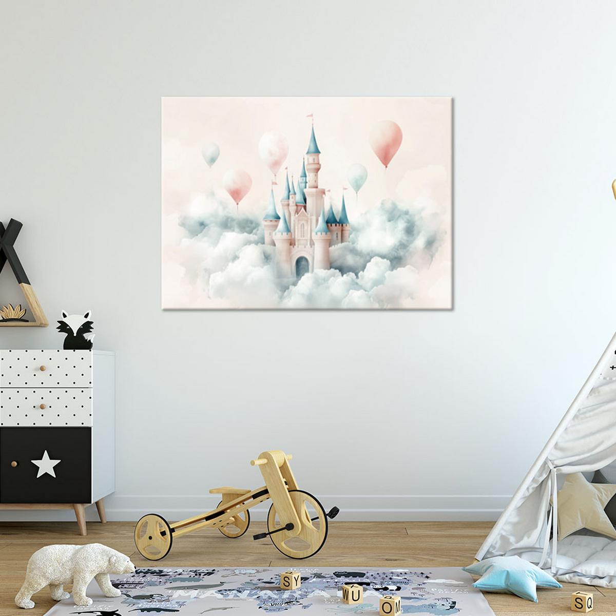WANDBILD für kinderzimmer schloss mit luftballons in den wolken - Beige, Textil (100/70cm) - Feeby