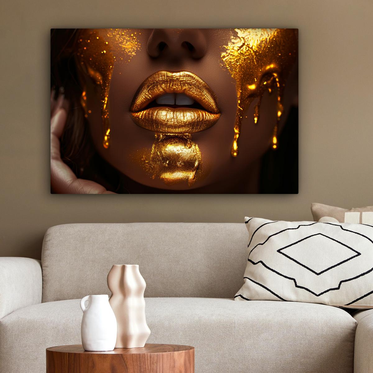 LEINWANDBILD Frau - Gold - Luxus - Porträt Gemälde 60x40 cm - Goldfarben, Textil (60/40cm) - MuchoWow