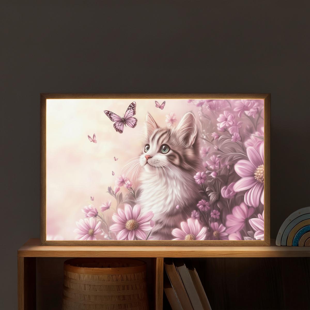 WANDLEUCHTE MIT AKKU Kätzchen - Blumen - Schmetterlinge - Lila 60x40 cm - Altrosa, Holzwerkstoff (60/40/8cm) - OnlyWow