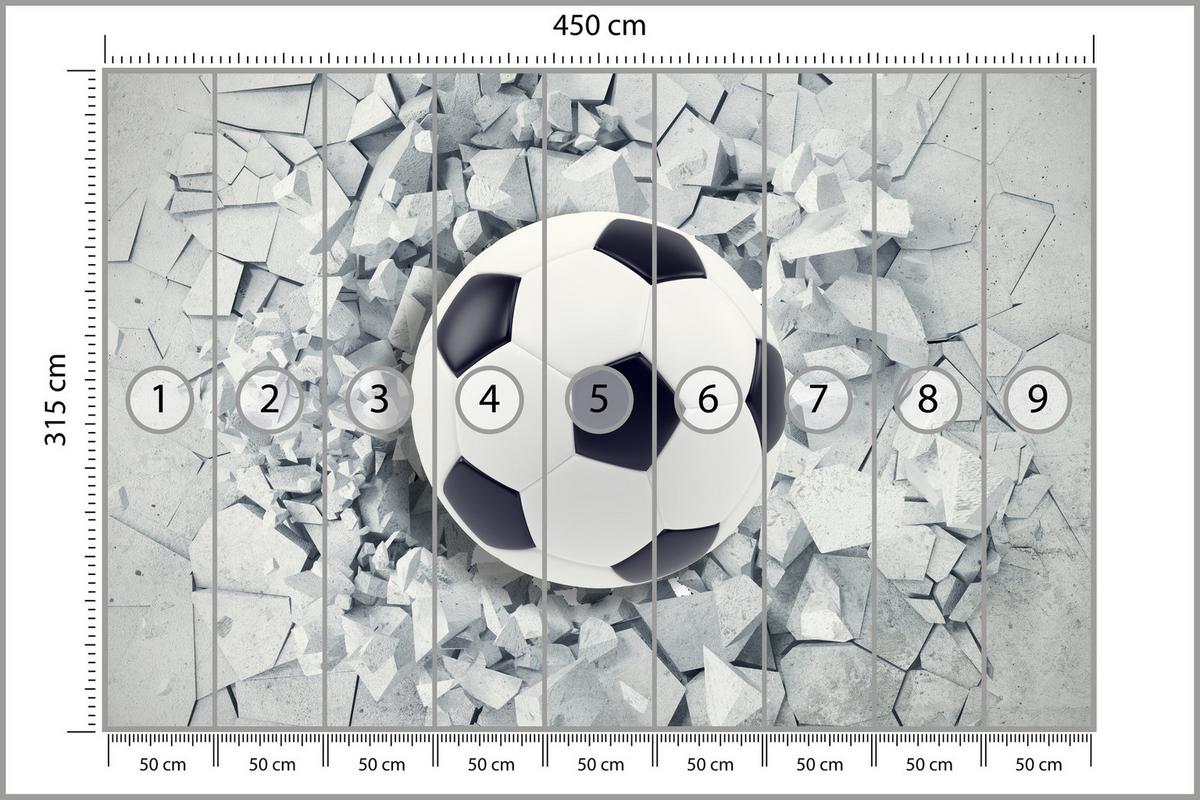 FOTOTAPETE für Kinderzimmer Fußball Riss Graue Wand Dynamik Sport 450x315 - Schwarz/Weiß, Papier (450/315cm) - Muralo