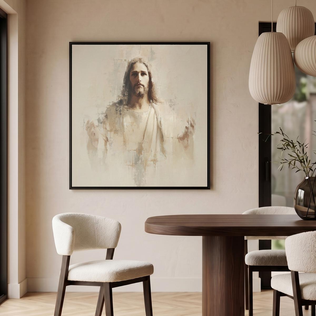 LEINWAND Bilder mit Rahmen - Porträt - Abstrakt - Jesus - Beige - 90x90 - Beige, Textil (90/90cm) - MuchoWow