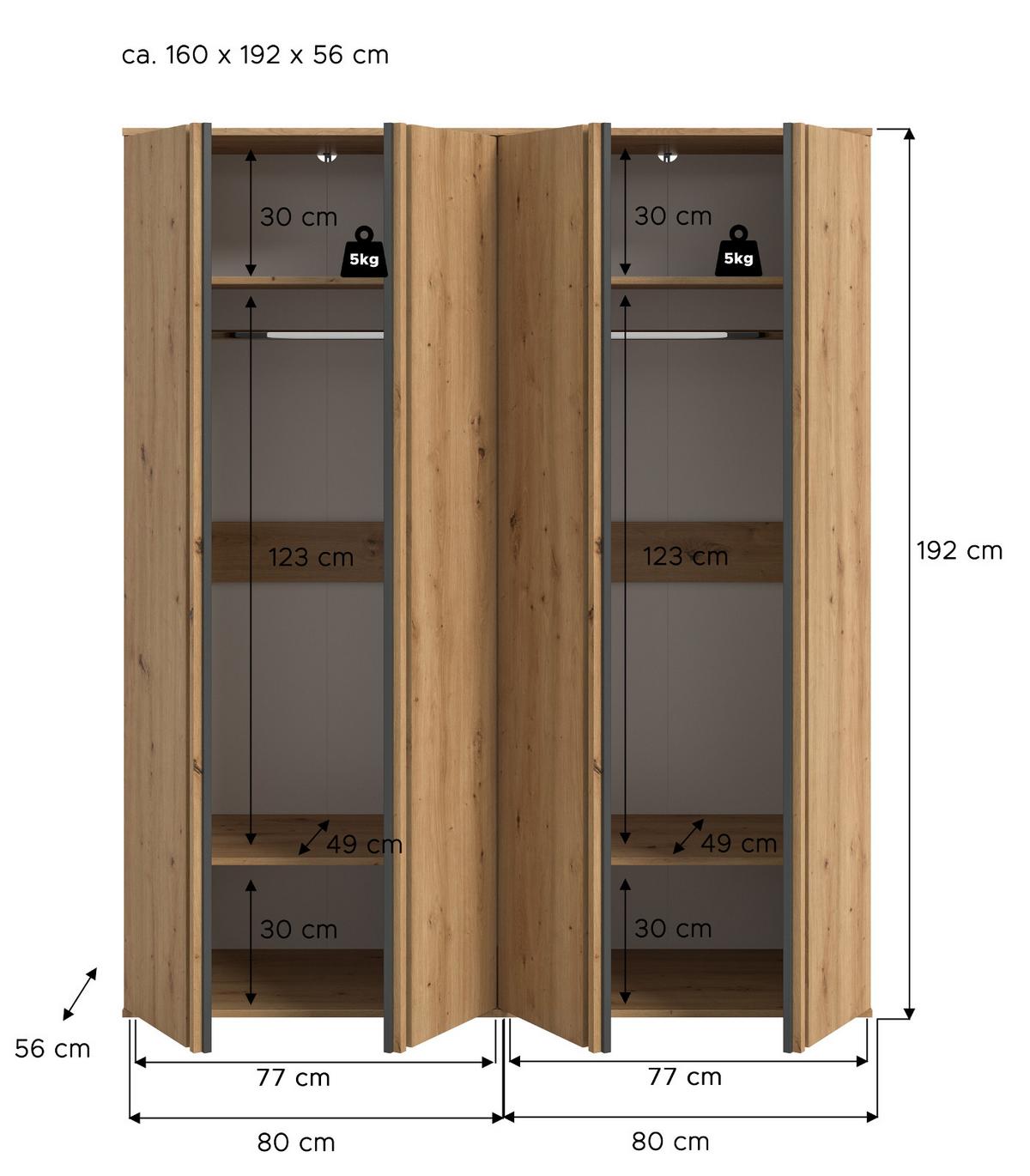 KLEIDERSCHRANK Eiche Artisan, grau 160 x 192 cm, Wäscheschrank 4-türig - Anthrazit/Eiche Artisan, Holzwerkstoff (160/192/56cm) - Inn.Furn
