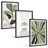 BILDER SET 3er Set - 40x60 cm Schwarzer Rahmen - Pflanzenmotive, Geometrie, Grün - Schwarz, Kunststoff (40/60cm) - TULUP