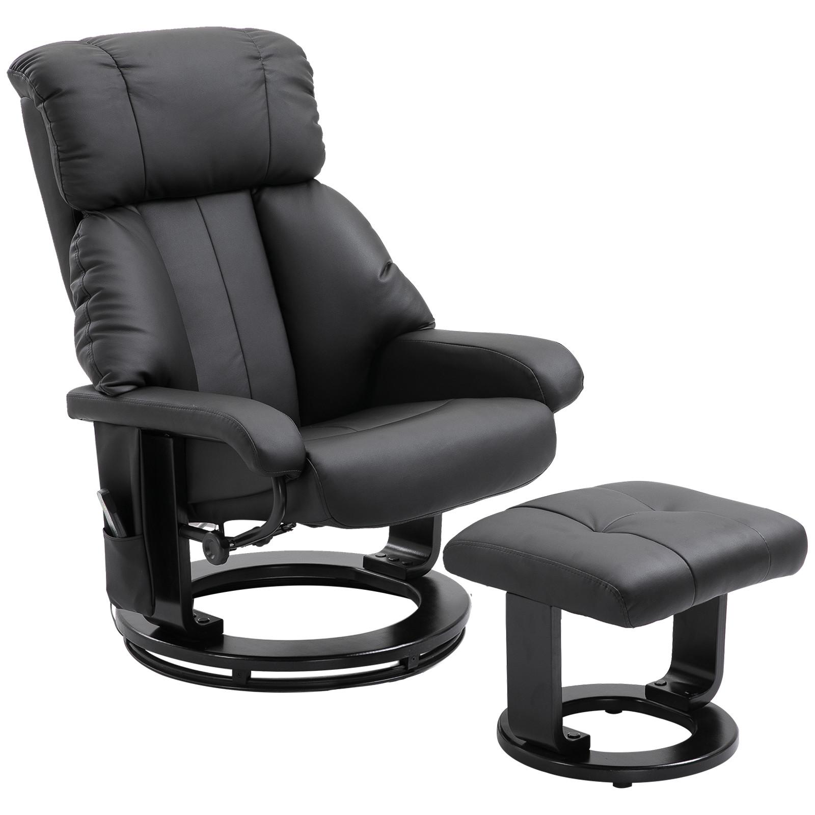 RELAXSESSEL mit Liegefunktion Massagesessel inkl. Hocker Fernsehsessel drehbar - Schwarz, Leder/Kunststoff (80/102/76cm) - HOMCOM