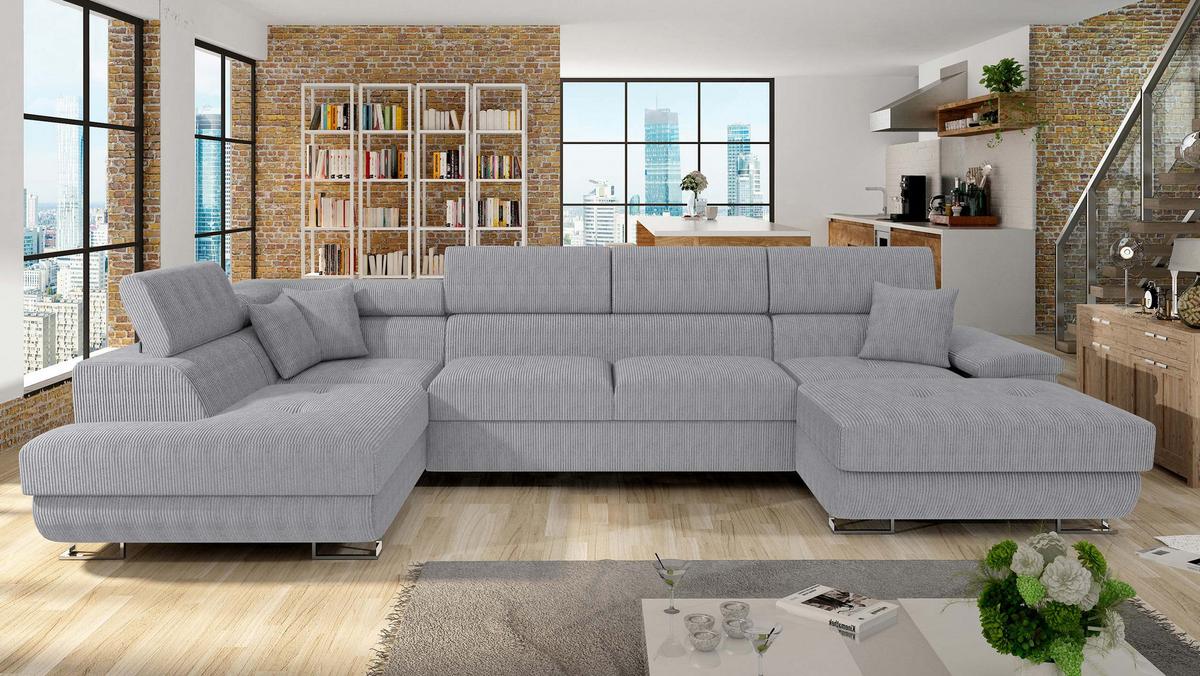 WOHNLANDSCHAFT Cotere Bis Cord, Seite: Links - Grau, Holz (345/91/202cm) - MIRJAN24