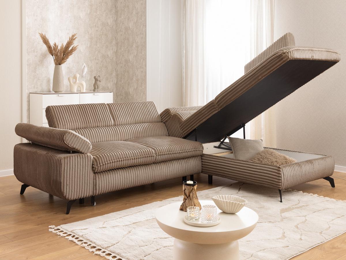 ECKSOFA mit Schlaffunktion und Bettkasten Bonnie aus Beige Cord-Stoff mit verstellbaren Kopfstützen und Armlehne - Ottomane rechts - Beige/Schwarz, Holz/Textil (275/210cm) - S-Style Möbel