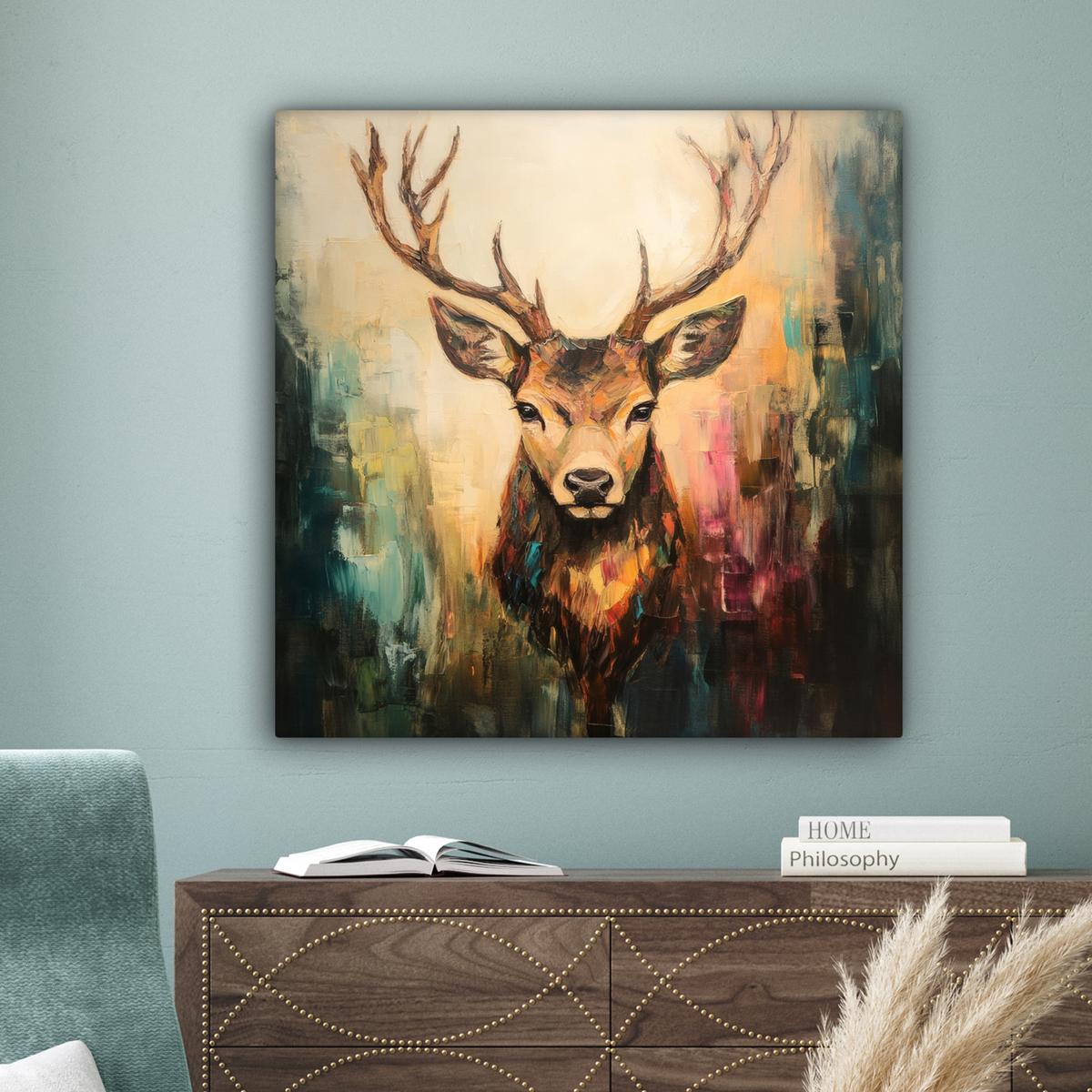 LEINWANDBILD Hirsch - Gemalt - Geweih - Braun Deko Groß 90x90 cm - Haselnussfarben, Textil (90/90cm) - MuchoWow