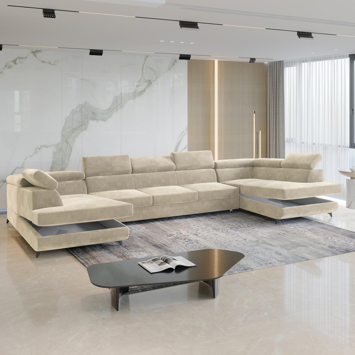 WOHNLANDSCHAFT URMANO Creme Velours-Stoff mit Schlaffunktion - Creme, Holz (395/89/190cm) - MASSENO