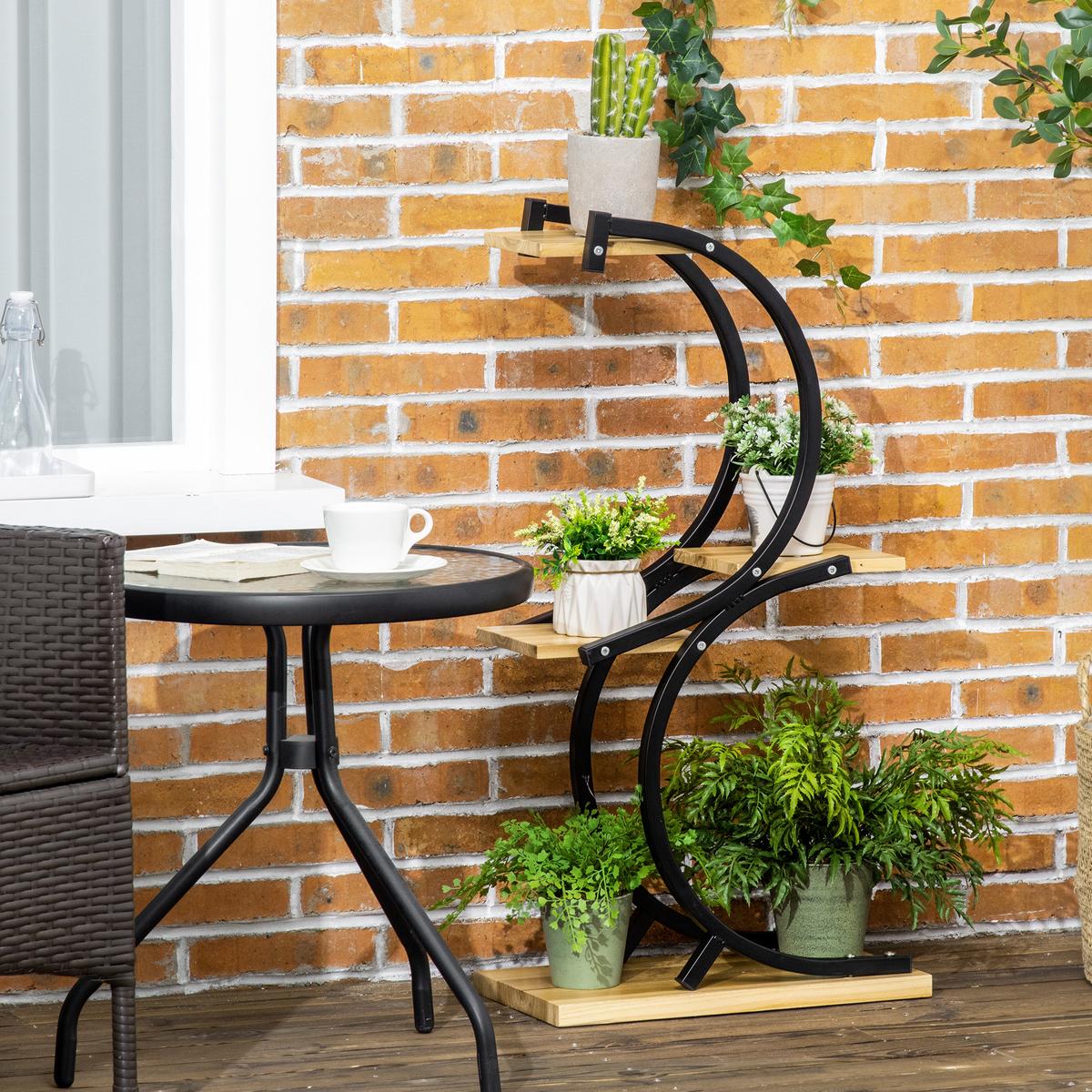 PFLANZENREGAL, Tannenholz, Eisen, Natur+Schwarz - Multicolor, Holz (25/91/46cm) - Outsunny