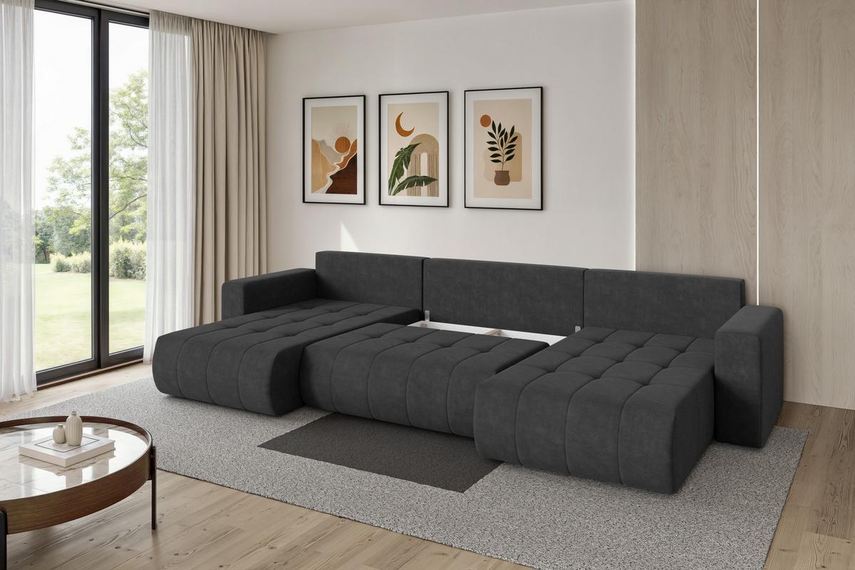 WOHNLANDSCHAFT mit Schlaffunktion und Bettkasten MILA-U 378x194x86 Dunkelgrau Velours - Anthrazit/Schwarz, Holzwerkstoff/Kunststoff (378/86/194cm) - ALTDECOR