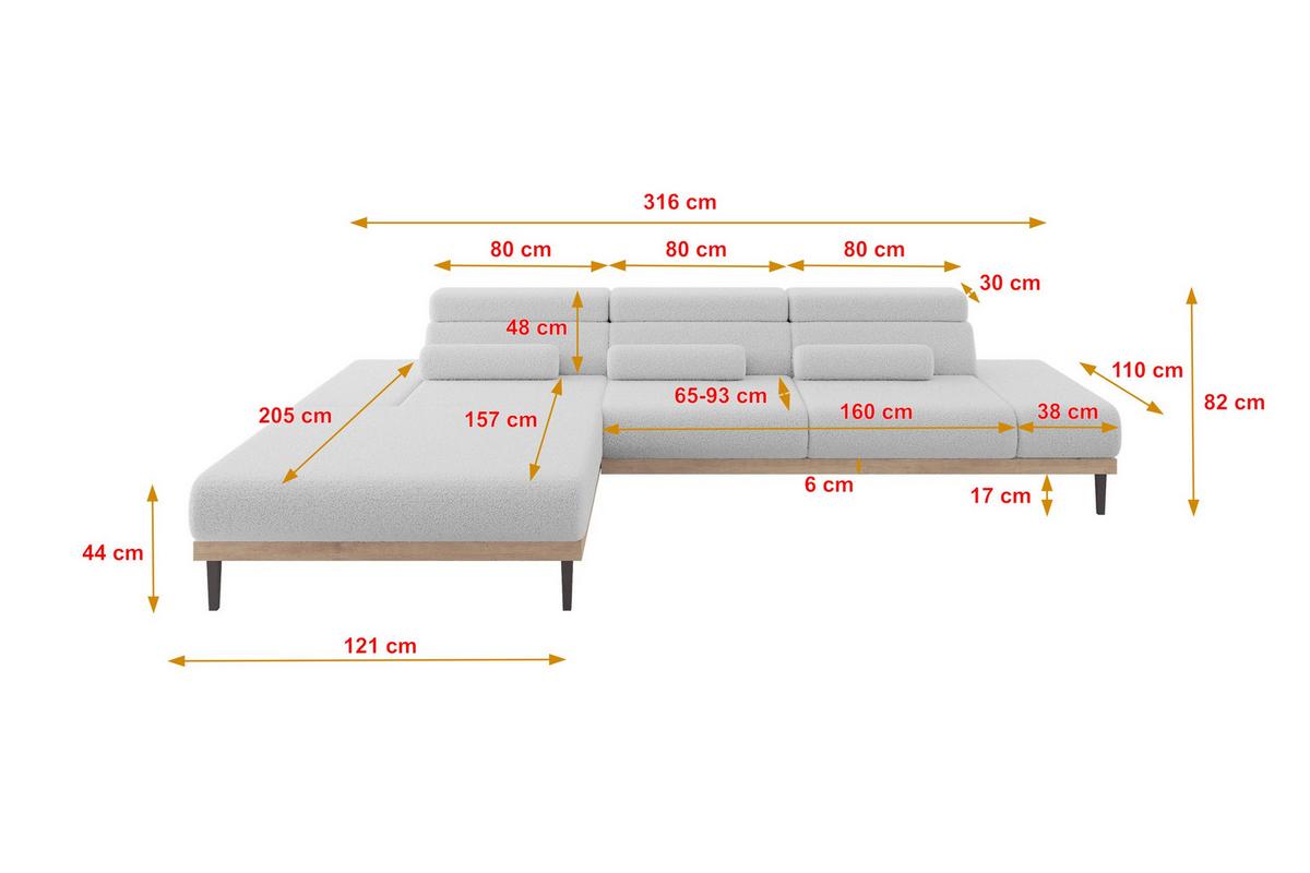 ELEKTRISCHES ECKSOFA Links MONA 316x205x85 Hellgrau Bouclé - Blaugrau/Hellgrau, Holzwerkstoff/Textil (316/205cm) - ALTDECOR