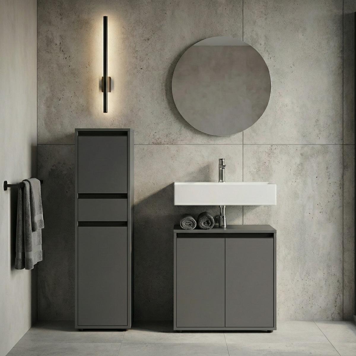 BADSCHRANK schmal HAMBURG Soft-Close, 33x121x34 cm | Graphit - Schwarz, Holzwerkstoff (33/121/34cm) - KADIMA DESIGN
