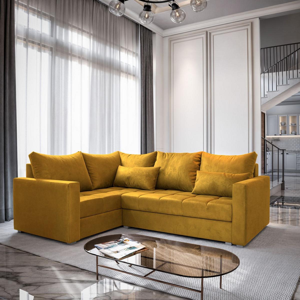 ECKSOFA LIRENO L-S Gelb Plüsch-Stoff mit Schlaffunktion - Gelb/Grau, Holz/Kunststoff (220/153cm) - MASSENO