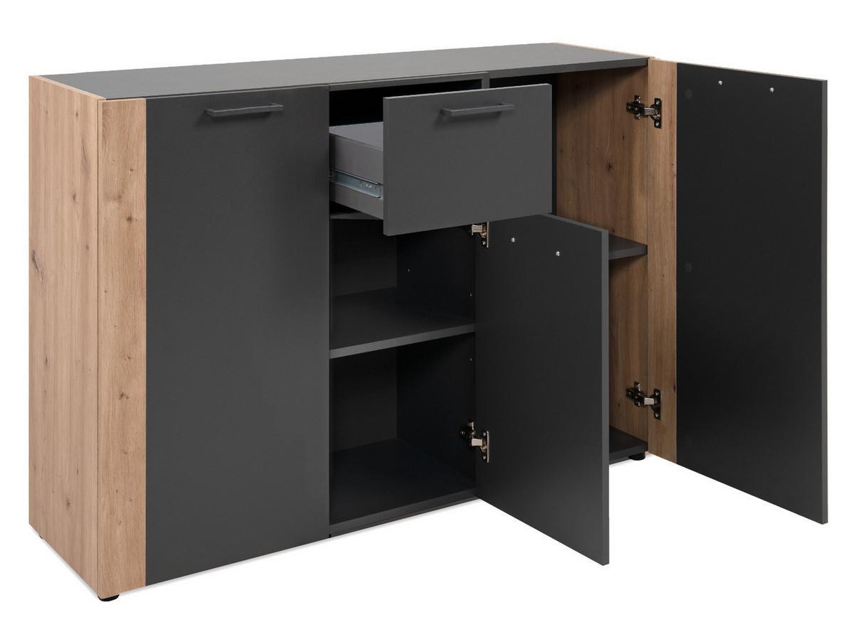 SIDEBOARD grau, Artisan Eiche 126 x 85 cm, Kommode 3-türig - Anthrazit/Schwarz, Holzwerkstoff/Kunststoff (125.5/85/34.5cm) - Furn.Design