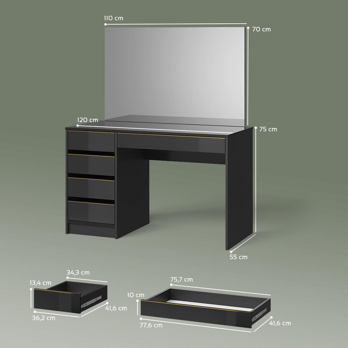 SCHMINKTISCH Imola Schwarz/Gold 120 cm mit Spiegel - Goldfarben/Schwarz, Holzwerkstoff (120/75/55cm) - Livinity®