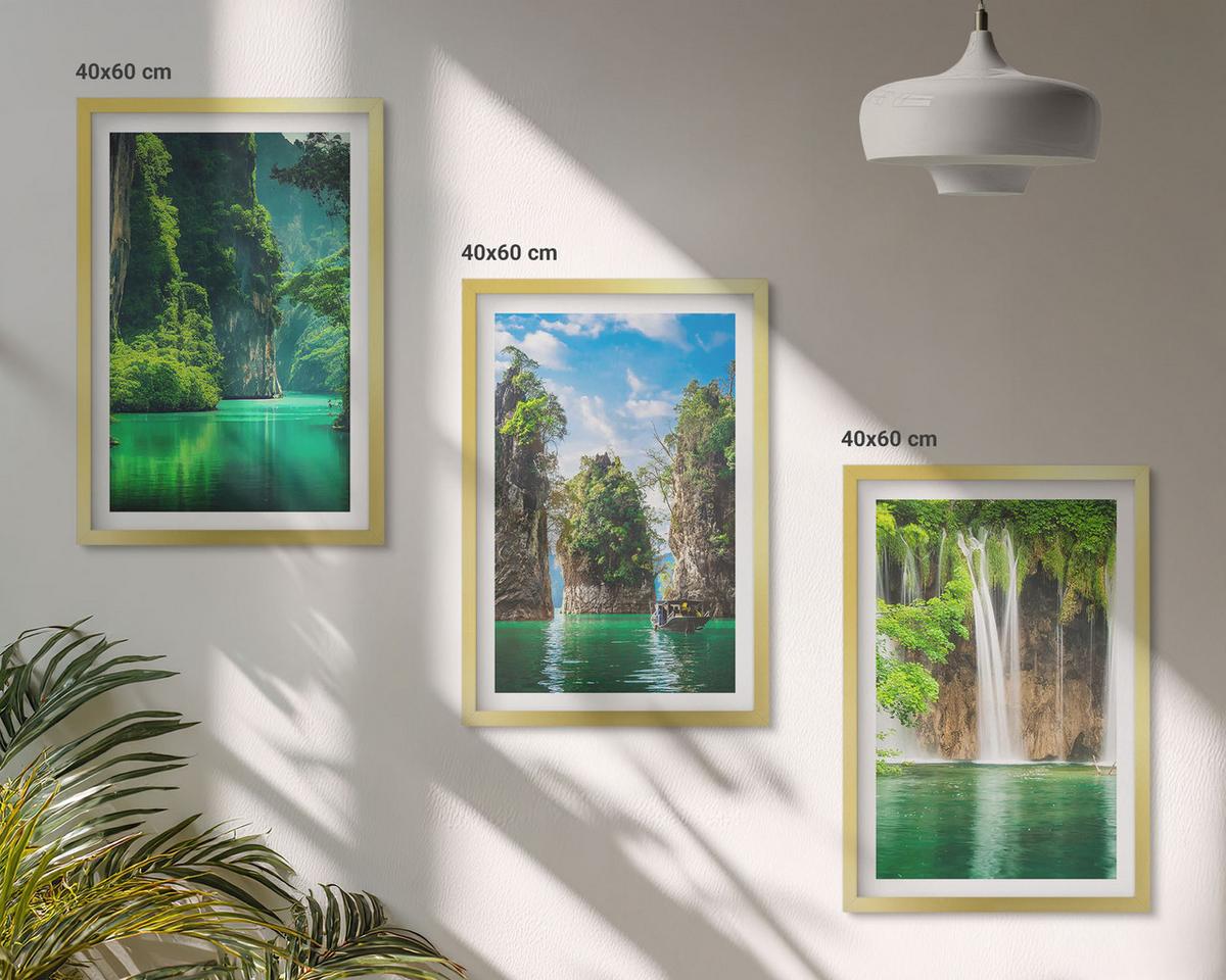 BILDER SET 3er Set - 40x60 cm Goldrahmen - Grüne Landschaften, Wasserfälle - Goldfarben, Kunststoff (40/60cm) - TULUP