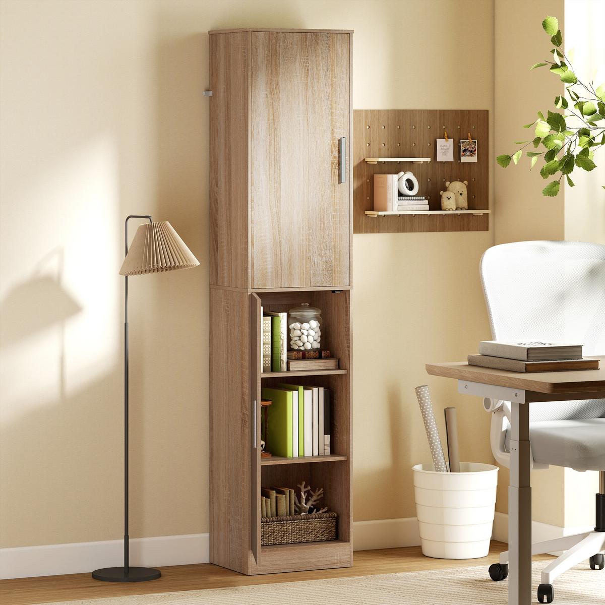 BADEZIMMERSCHRANK Badschrank Hochschrank schmal mit 2 Türen Verstellbare Regale - Silberfarben/Naturfarben, Holzwerkstoff/Metall (35/180/40cm) - HOMCOM