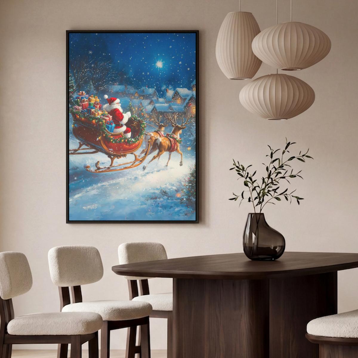 LEINWAND Bilder mit Rahmen - Weihnachtsmann - Rentier - Weihnachten - Schnee - 80x120 - Cognac, Textil (80/120cm) - MuchoWow