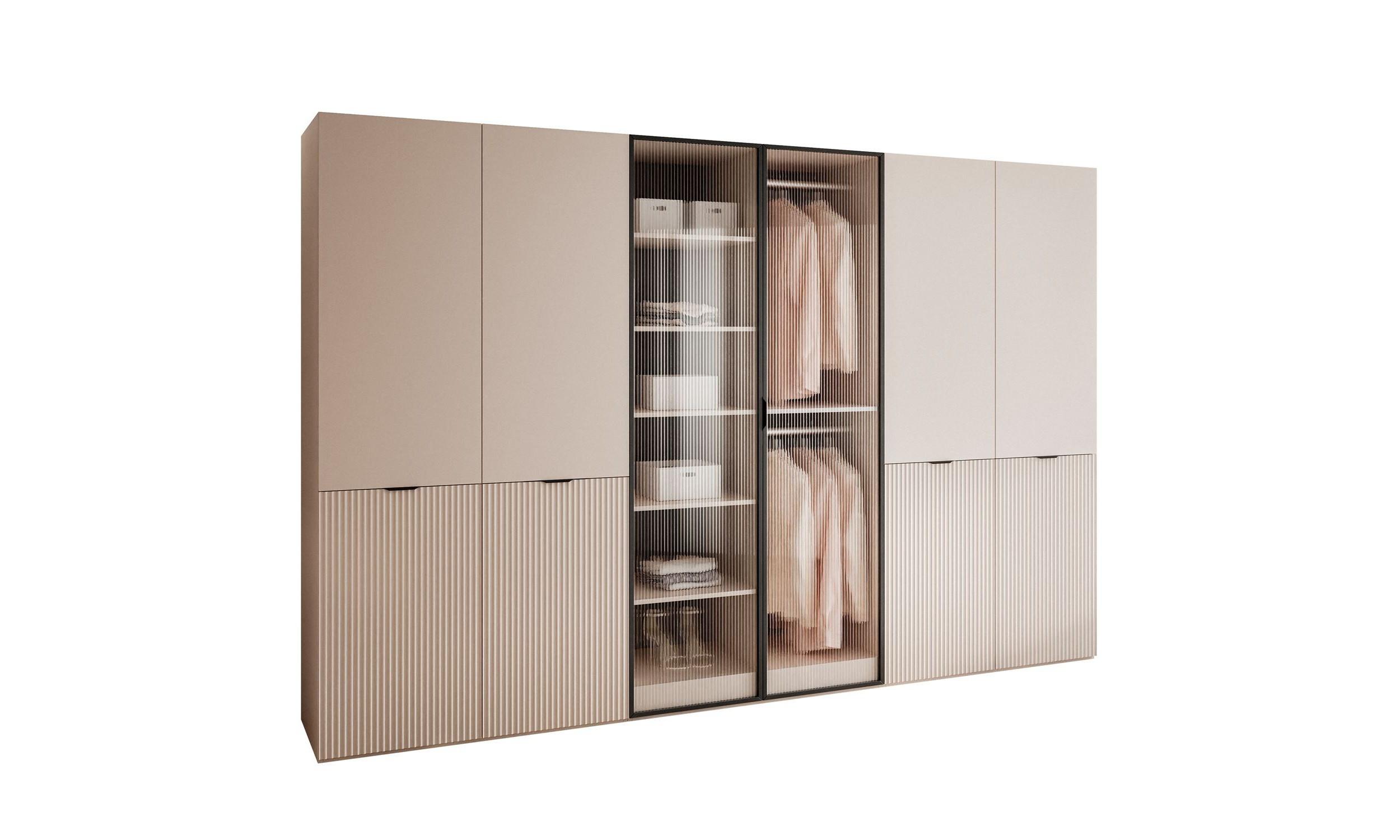 KLEIDERSCHRANK SANDBOX 300 303/49/200 cm Sandbeige / Sandbeige + geriffeltes Glas mit LED ohne Zusatzböden - Sandfarben/Transparent, Holzwerkstoff/Kunststoff (303/200/49cm) - Lookway
