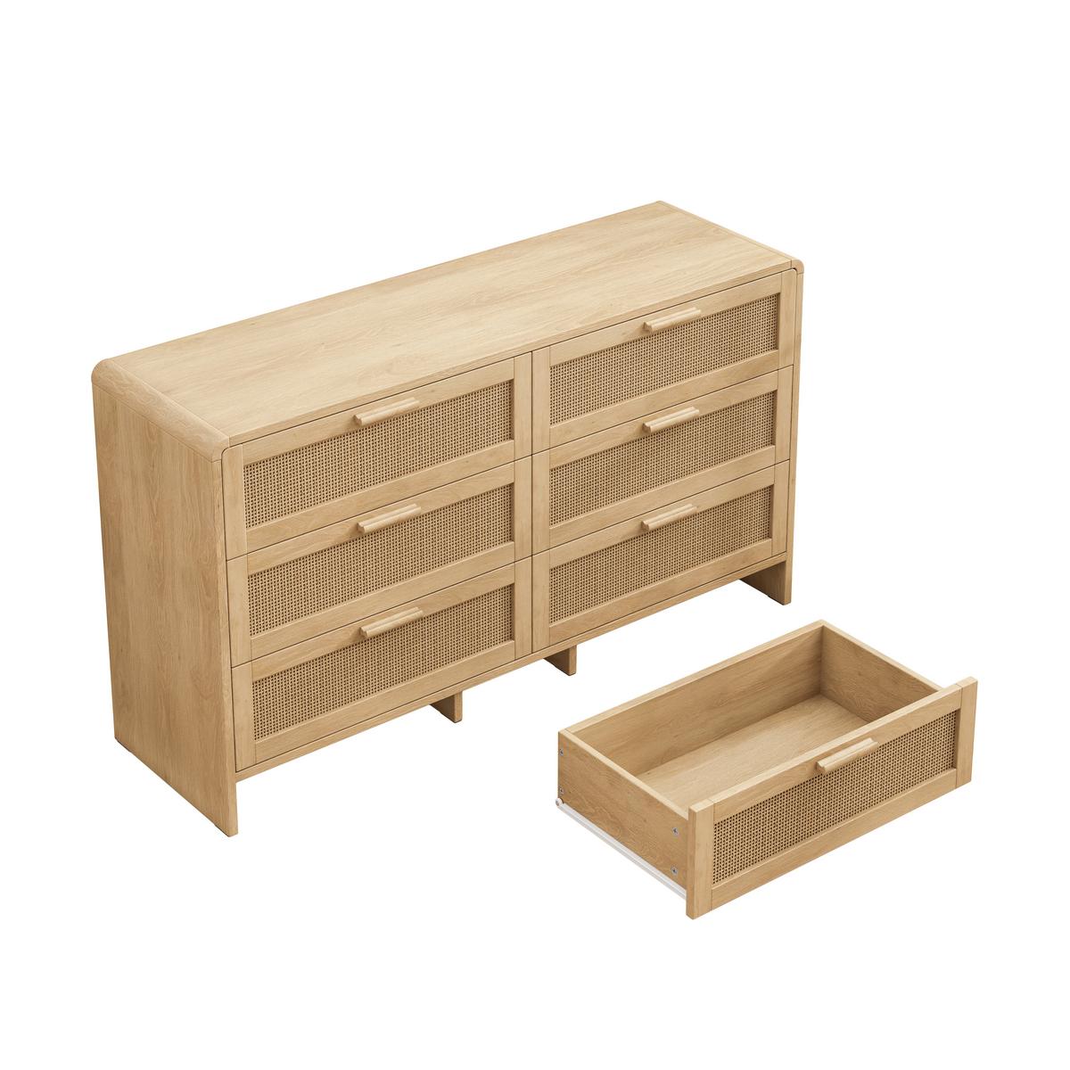 SIDEBOARD holzwerkstoff in natur mit rattan geflecht, abgerundete ecken & 6 schubladen - Naturfarben, Holzwerkstoff (130/74/40cm) - Urban Meuble