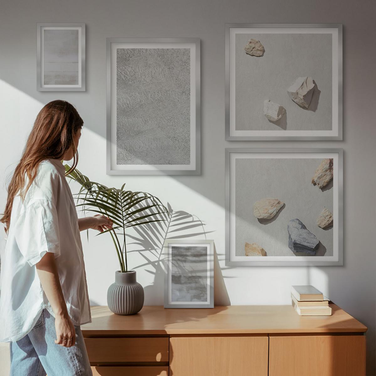 BILDER SET 5er Set - 50x50 cm & 20x30 cm & 40x60 cm Silberner Rahmen - Moderne minimalistische Texturen - Silberfarben, Kunststoff (40/60cm) - TULUP