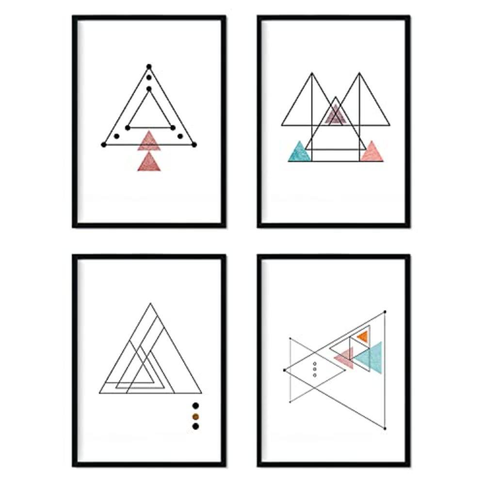 POSTER Set mit 4 dünne Linien Nordischen Dreiecke geometrische Blätter in Rot und Blau A4 Schwarzer Rahmen - Schwarz, Papier (29.7/3cm) - Nacnic