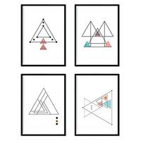 POSTER Set mit 4 dünne Linien Nordischen Dreiecke geometrische Blätter in Rot und Blau A4 Schwarzer Rahmen - Schwarz, Papier (29.7/3cm) - Nacnic