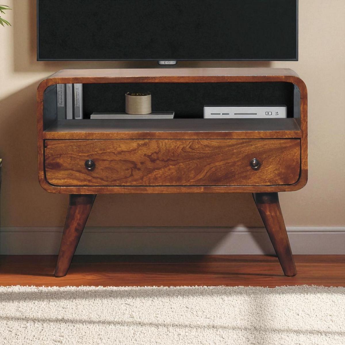 MEDIENUNIT Mini mit gebogener Form, Braun - Messingfarben/Braun, Mangoholz/Holz (60/45/30cm) - Artisan Furniture