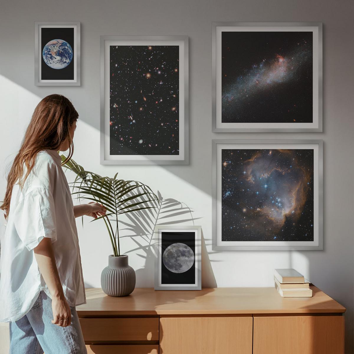 BILDER SET 5er Set - 50x50 cm & 20x30 cm & 40x60 cm Silberner Rahmen - Galaxie Weltraum Mond - Silberfarben, Kunststoff (40/60cm) - TULUP