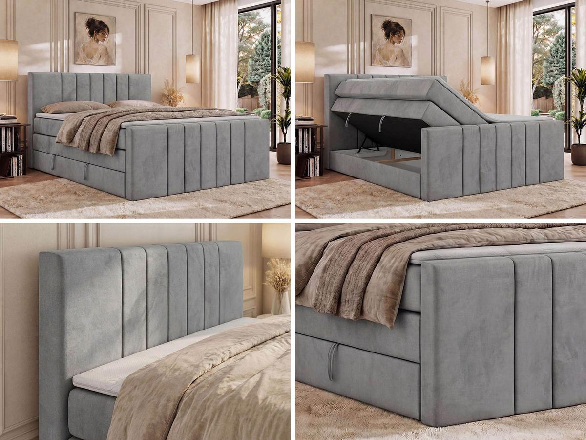 BOXSPRINGBETT INERO DUO KING 200/200 - Hellgrau Velvet - Topper Visco - H4 - Hellgrau/Schwarz, Kunststoff/Textil (200/200cm) - MKS