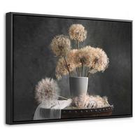 LEINWAND Bilder mit Rahmen - Blumensamen - Löwenzahn - Vase - Stilleben - Blumenstrauß - 40x30 - Dunkelgrau, Textil (40/30cm) - MuchoWow