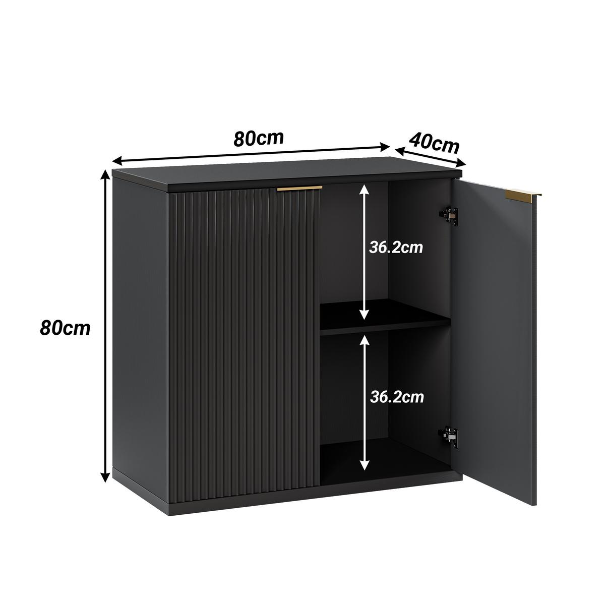 SIDEBOARD Schwarz 80 cm mit Riffeloptik & Gold-Griffen - Schwarz, Holzwerkstoff (80/80/40cm) - Urban Meuble