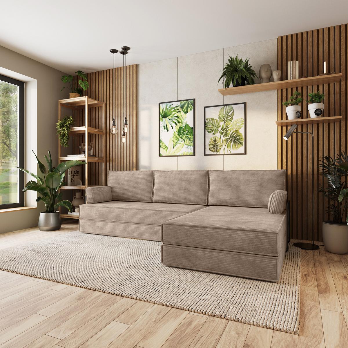 ECKSOFA ANKO modulares Boneless Sofa mit Schlaffunktion Beige Kordstoff - Beige, Textil (270/160cm) - MASSENO