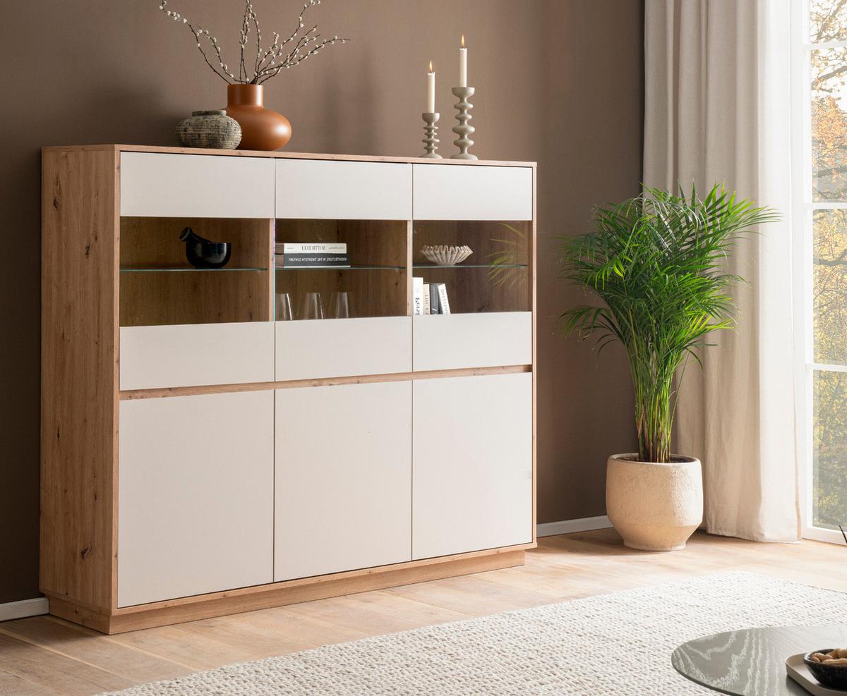HIGHBOARD Kaschmir, Artisan Eiche 164 x 138 cm, Vitrine 6-türig mit Soft-Close - Kaschmir/Eiche Artisan, Glas/Holzwerkstoff (164/138/40cm) - Furn.Design