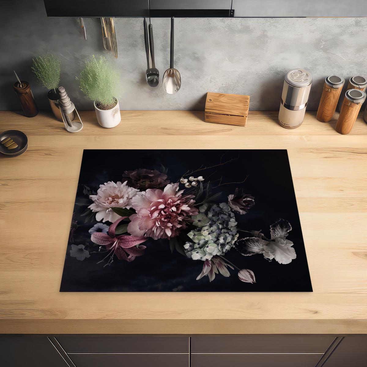 HERDABDECKPLATTE Blumen - Vintage - Pastell - Rosa - Weiß Herdabdeckung Induktionsfeld 65x52 cm - Altrosa, Kunststoff (65/52/0.2cm) - MuchoWow
