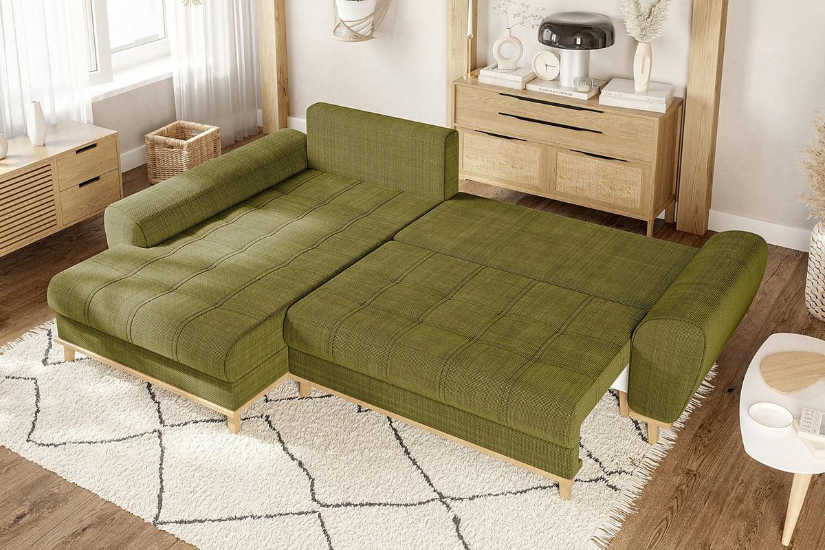 ECKSOFA im Scandi-Stil, Schlaffunktion, Bettkasten B268/T175/H86 cm, Ottomane links, Liegefl. 128x209 cm, Bouclé Chenille Stoff in Grün / 21016 - Eichefarben/Grün, Holz/Textil (268/175cm) - luma-home