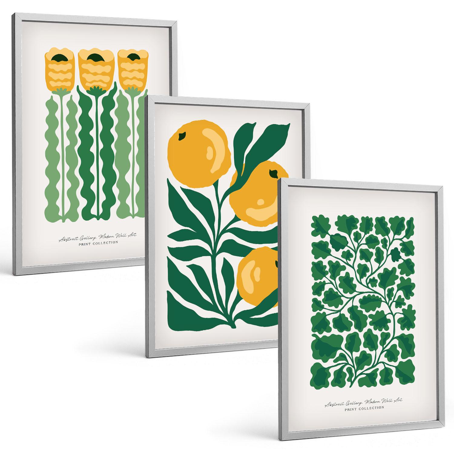 BILDER SET 3er Set - 40x60 cm Silberner Rahmen - Pflanzenmuster Blüten Blätter - Silberfarben, Kunststoff (40/60cm) - TULUP