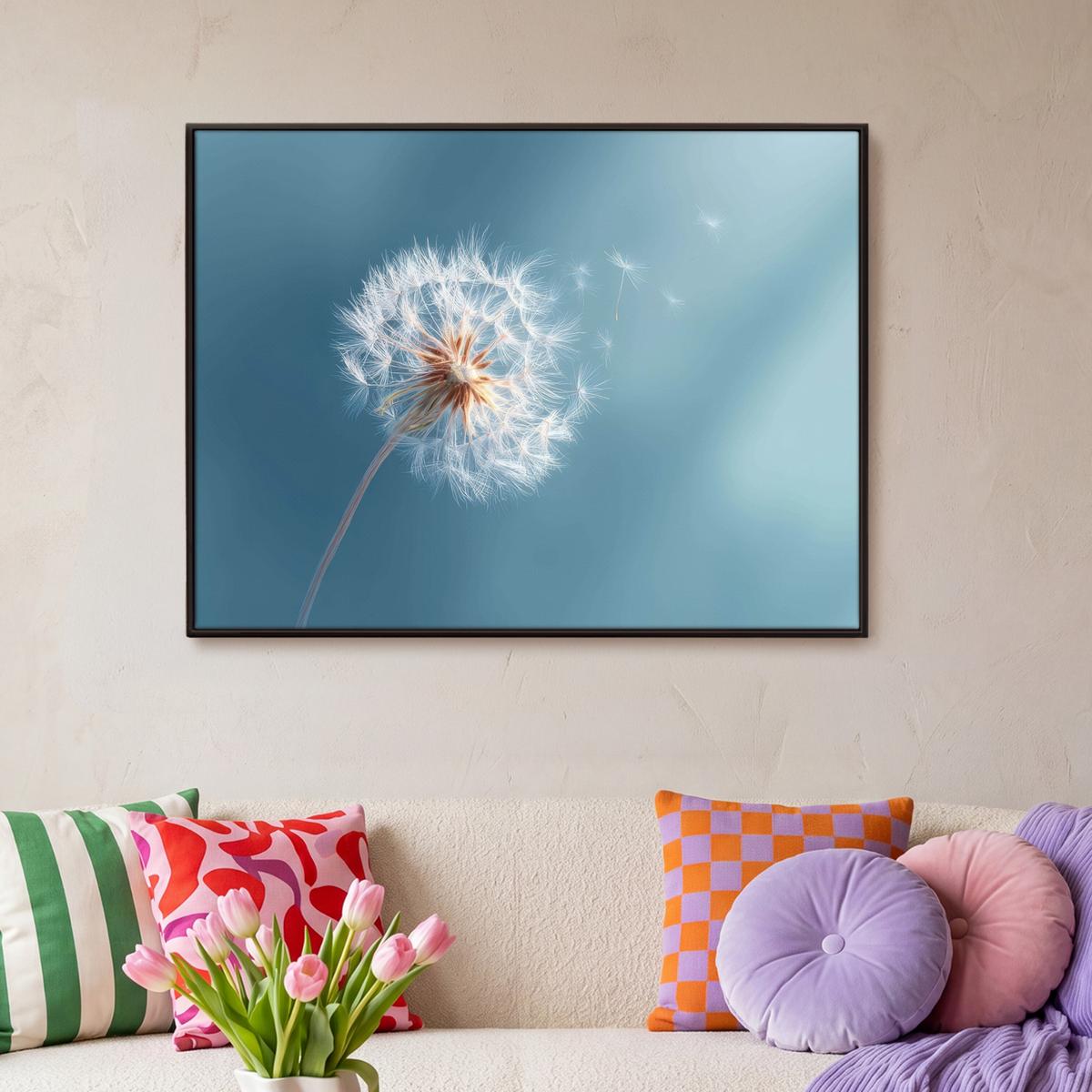 LEINWAND Bilder mit Rahmen - Löwenzahn - Wind - Blau - 100x70 - Blaugrau, Textil (100/70cm) - MuchoWow