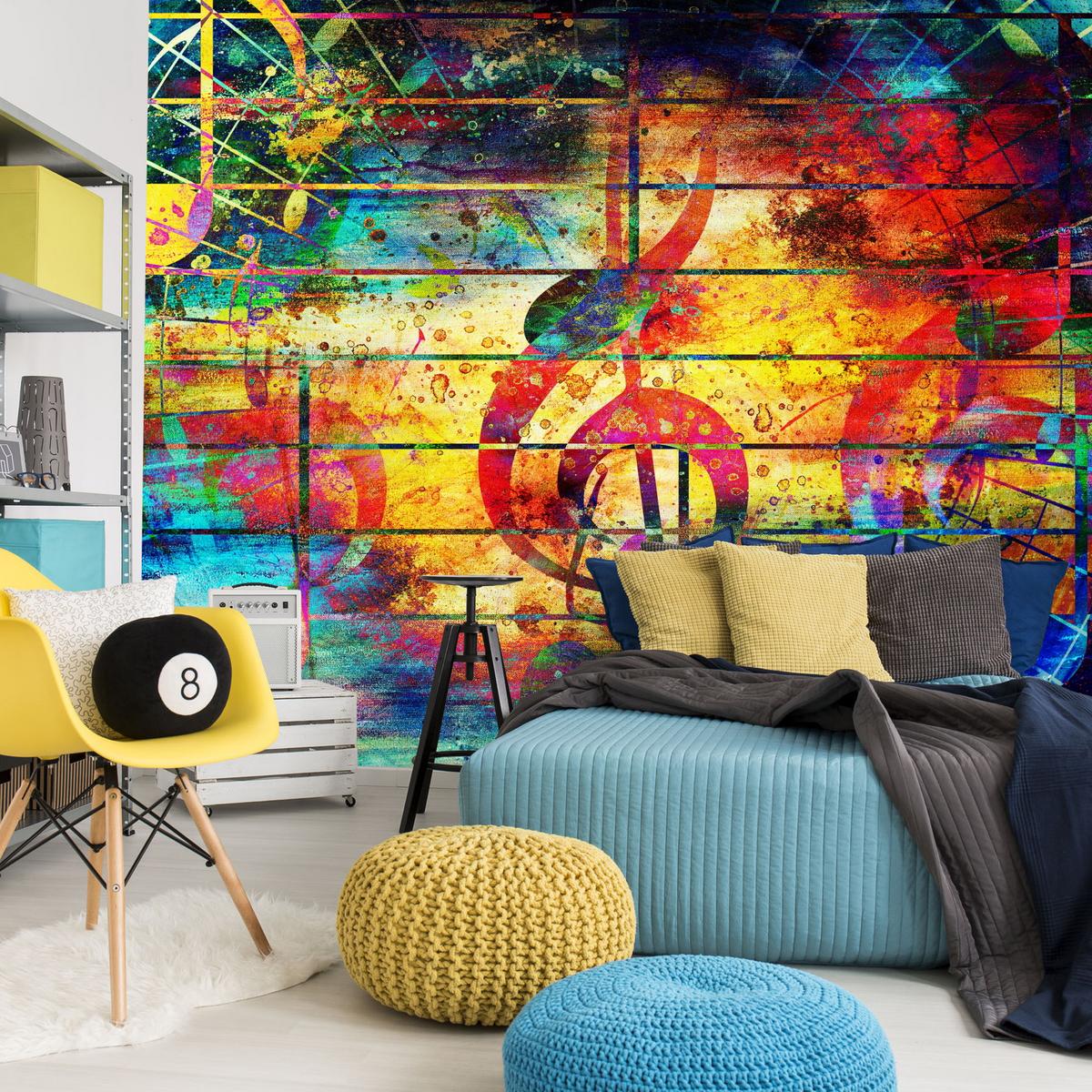 FOTOTAPETE für Jugendzimmer Bunte Abstrakte MUSIC Graffiti NOTEN 300x210 - Türkis/Gelb, Papier (300/210cm) - Muralo