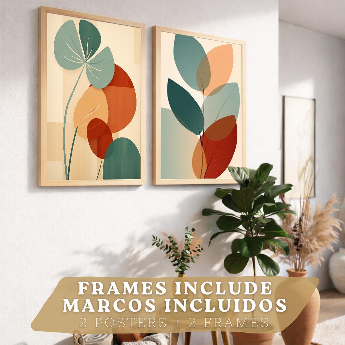 POSTER 2er-Set Wandbilder Blätter Pflanzen modern Wohnzimmer Deko, Schlafzimmer, Küche, Badezimmer Leichter Holzrahmen A4 - Beige, Papier (29.7/1/21cm) - Nacnic